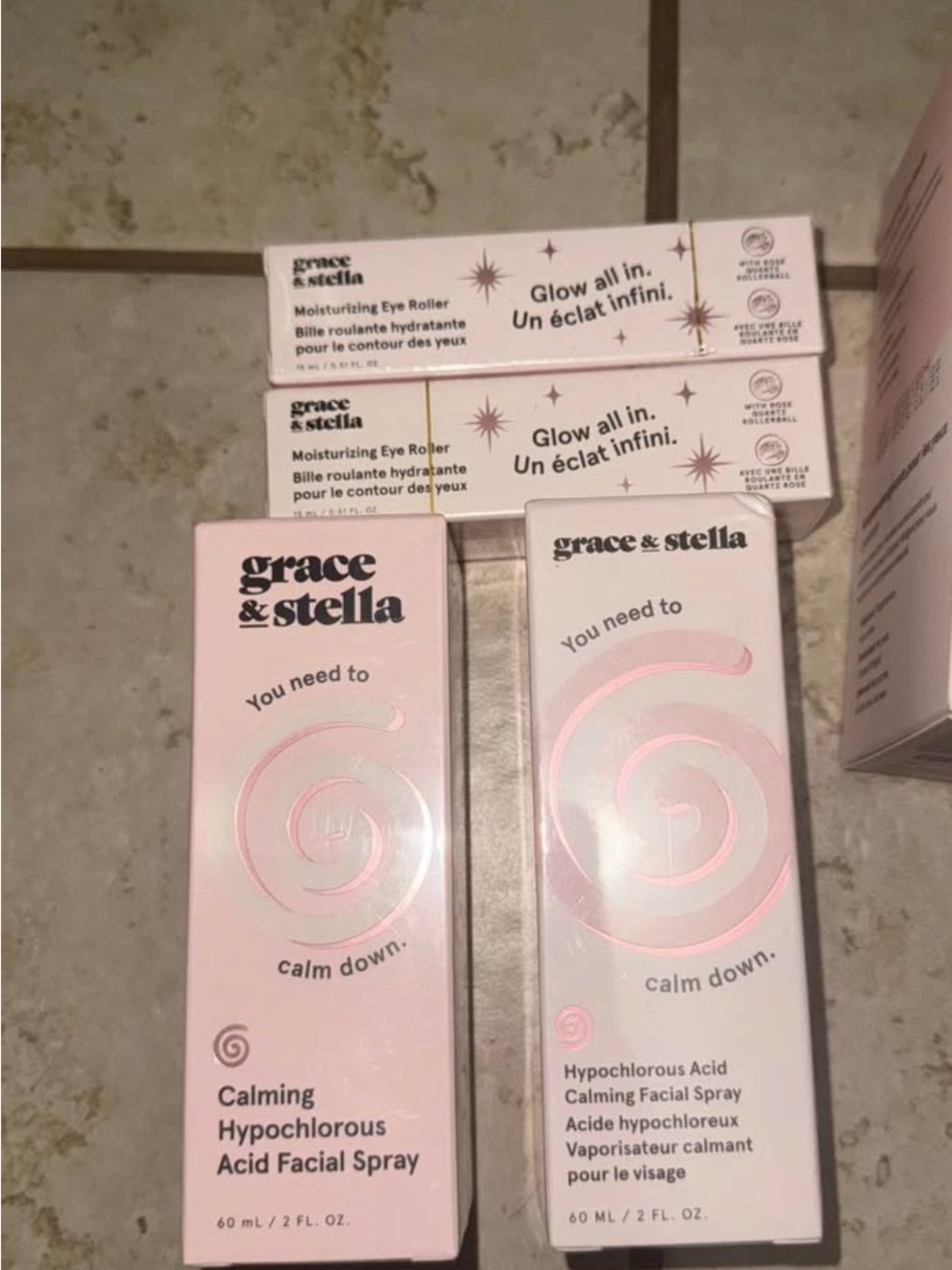 grace & stella Calming Hypochlorous Acid Facial Spray - Pink and eye rollers